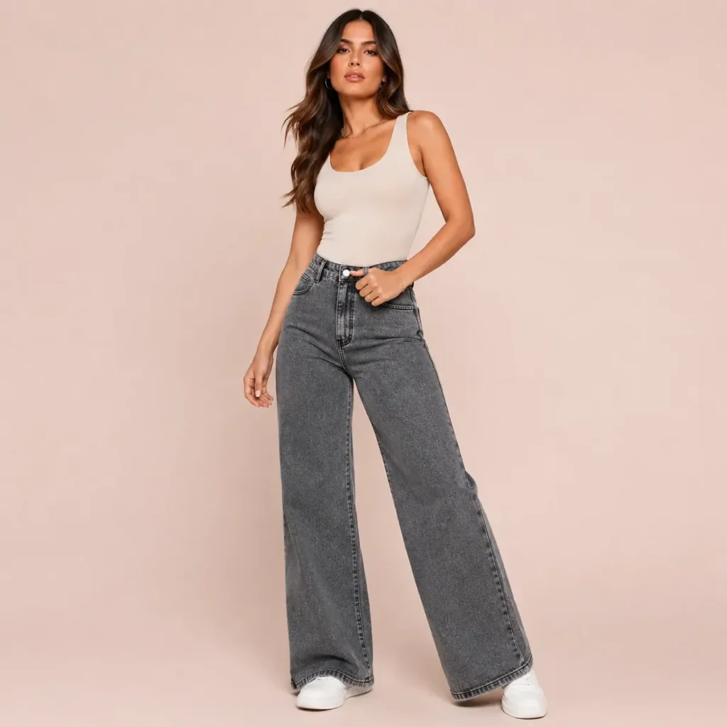 Calça Jeans Wide Leg Pantalona Cintura Alta Feminina Premium