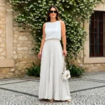 Saia Longa Feminina Plissada Cintura Alta Moda Evangélica