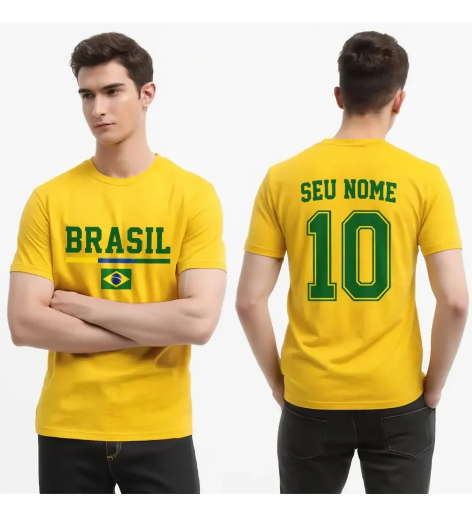 Camisa brasil personalizada l 100% algodão, ideal para torcedores durante a Copa do Mundo. Produto confeccionado com material de alta qualidade, atende fãs que desejam expressar sua paixão pelo futebol com estilo.