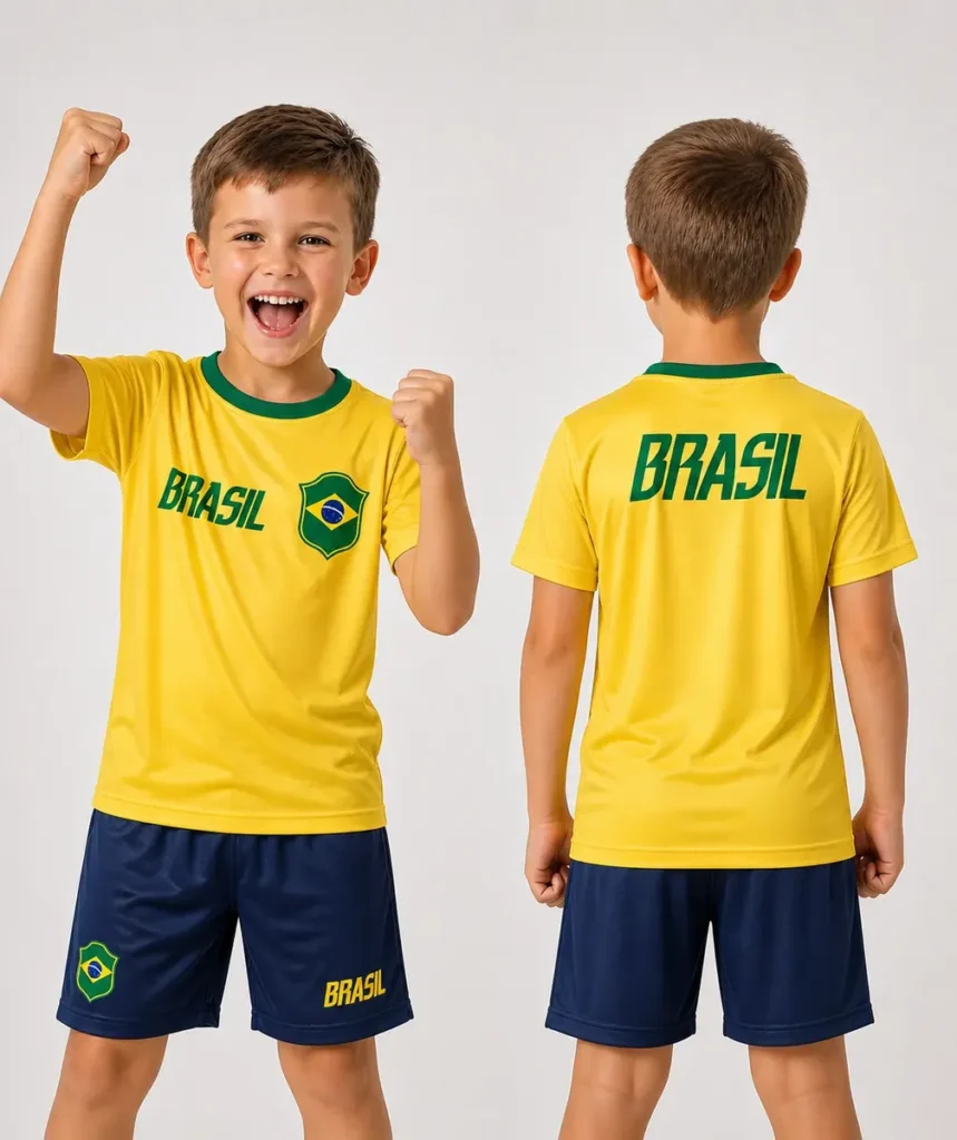 Camiseta infantil Dry Fit do Brasil para torcedores da Copa 2026. Fabricada com material leve e respirável, ideal para crianças que praticam esportes ou desejam apoiar seu time com conforto. Proporciona liberdade de movimento.