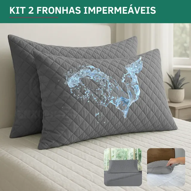 Kit 2 Capa Para Travesseiro Matelado Impermeável Fronha Antialérgica Toque Macio Silencioso Cor Cinza
