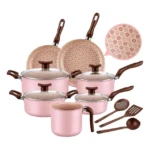 comprar jogo de panelas antiaderente 10 peças prime alumínio teflon cor rosa-claro