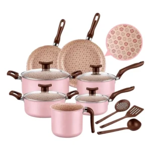comprar jogo de panelas antiaderente 10 peças prime alumínio teflon cor rosa-claro